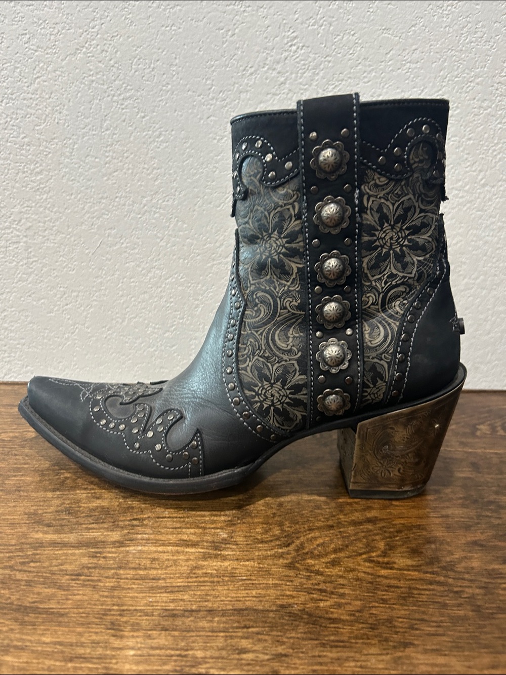 Double D Ranch Black Floral Embroidered Western Ankle Boots with Concho Strap